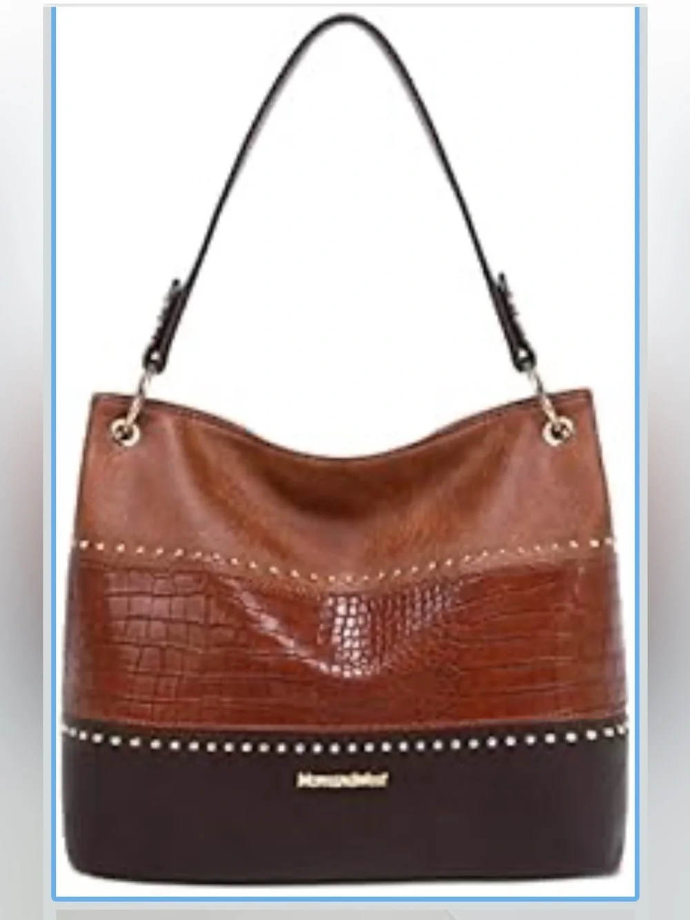 Montana West Two-Tone Brown Leather & Croc-Embossed Shoulder Bag with Gold Studs